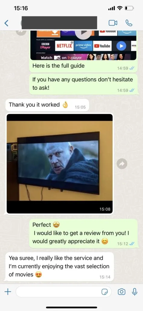 Capture d'écran message client confirmant l'activation instantanée de son IPTV