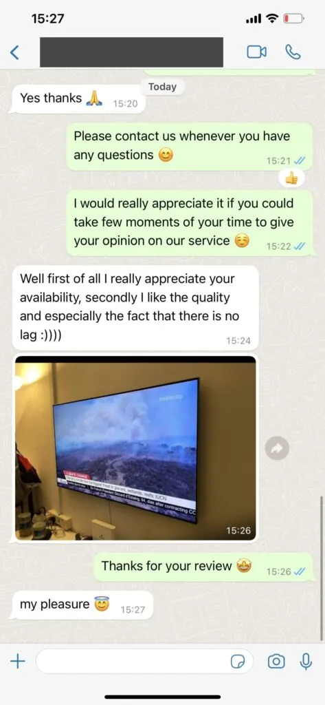 Témoignage client WhatsApp félicitant la fluidité du streaming sport 4K